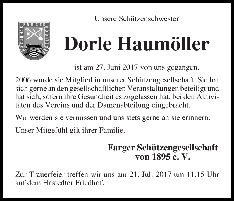 Traueranzeige von Dorle Haumöller von Die Norddeutsche