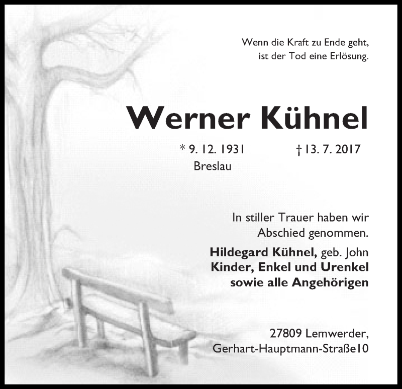 Traueranzeige von Werner Kühnel von Die Norddeutsche