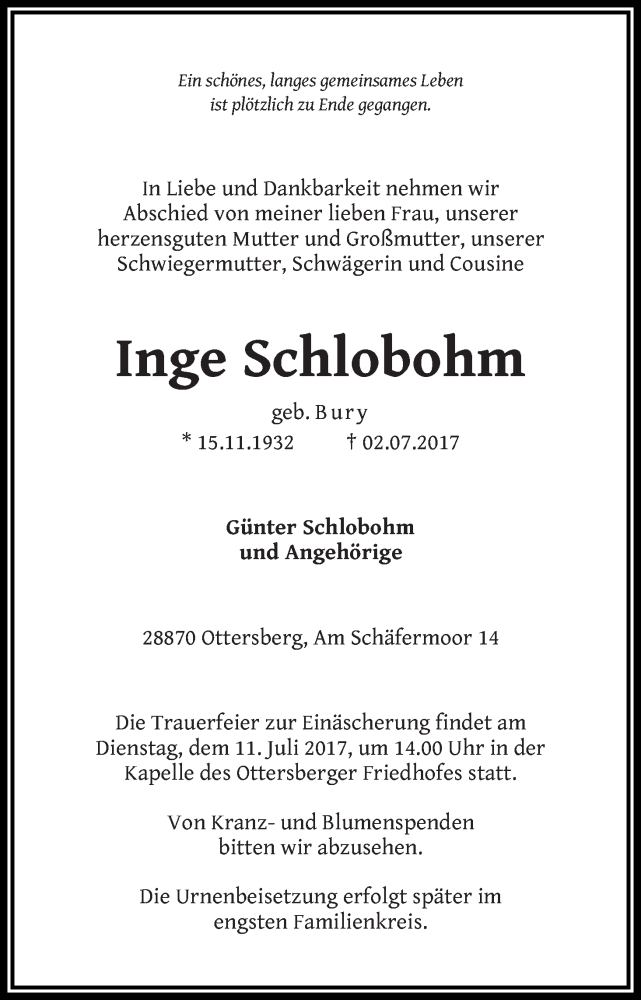 Traueranzeige von Inge Schlobohm von Achimer Kurier/Verdener Nachrichten