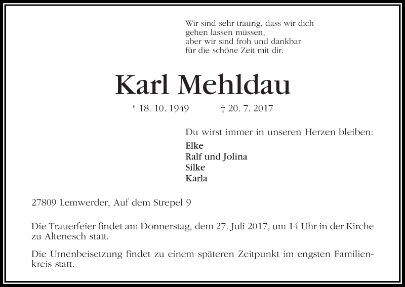 Traueranzeige von Karl Mehldau von Die Norddeutsche