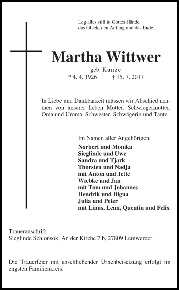 Traueranzeige von Martha Wittwer von Die Norddeutsche