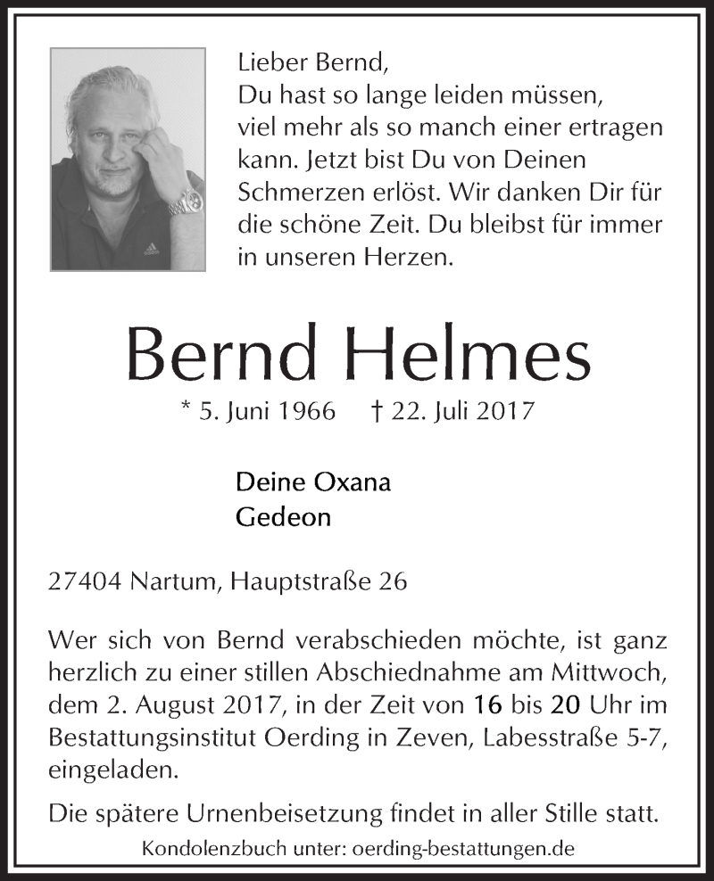 Traueranzeige von Bernd Helmes von Delmenhorster Kurier