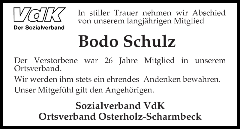 Traueranzeige von Bodo Schulz von Osterholzer Kreisblatt