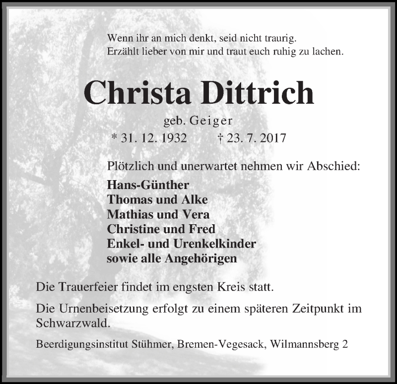 Traueranzeige von Christa Dittrich von Die Norddeutsche
