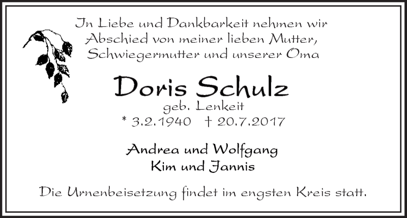Traueranzeige von Doris Schulz von WESER-KURIER