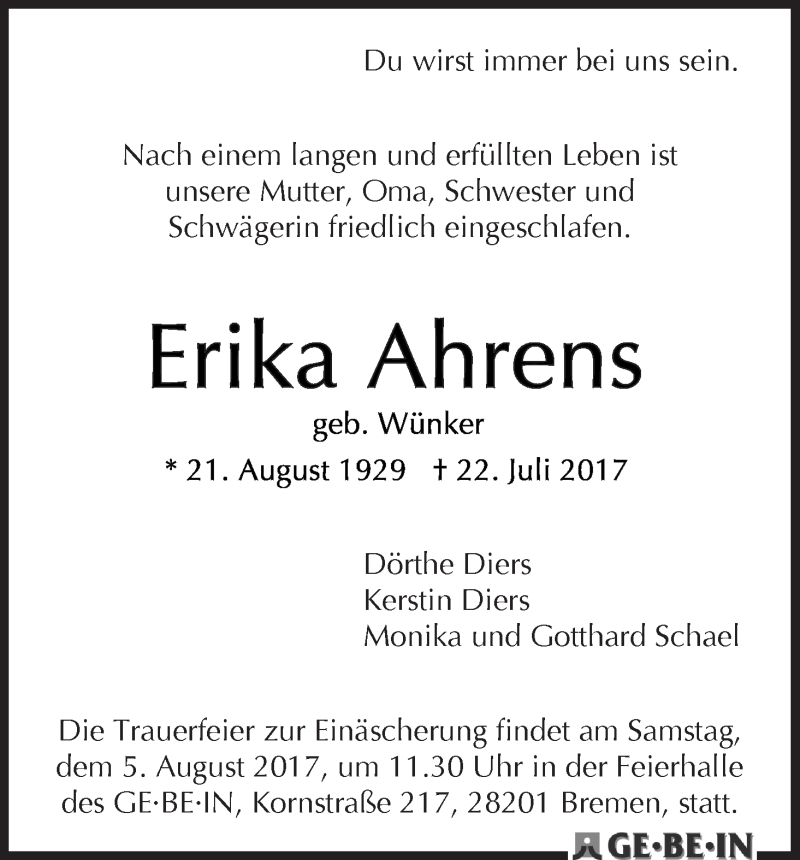 Traueranzeige von Erika Ahrens von WESER-KURIER
