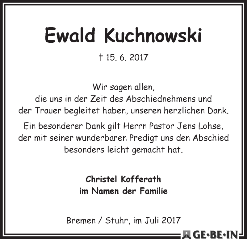 Traueranzeige von Ewald Kuchnowski von WESER-KURIER