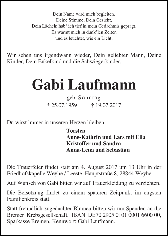 Traueranzeige von Gabi Laufmann von Regionale Rundschau/Syker Kurier