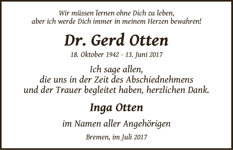 Traueranzeige von Gerd Otten von WESER-KURIER