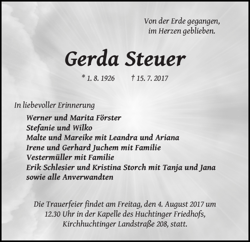 Traueranzeige von Gerda Steuer von WESER-KURIER
