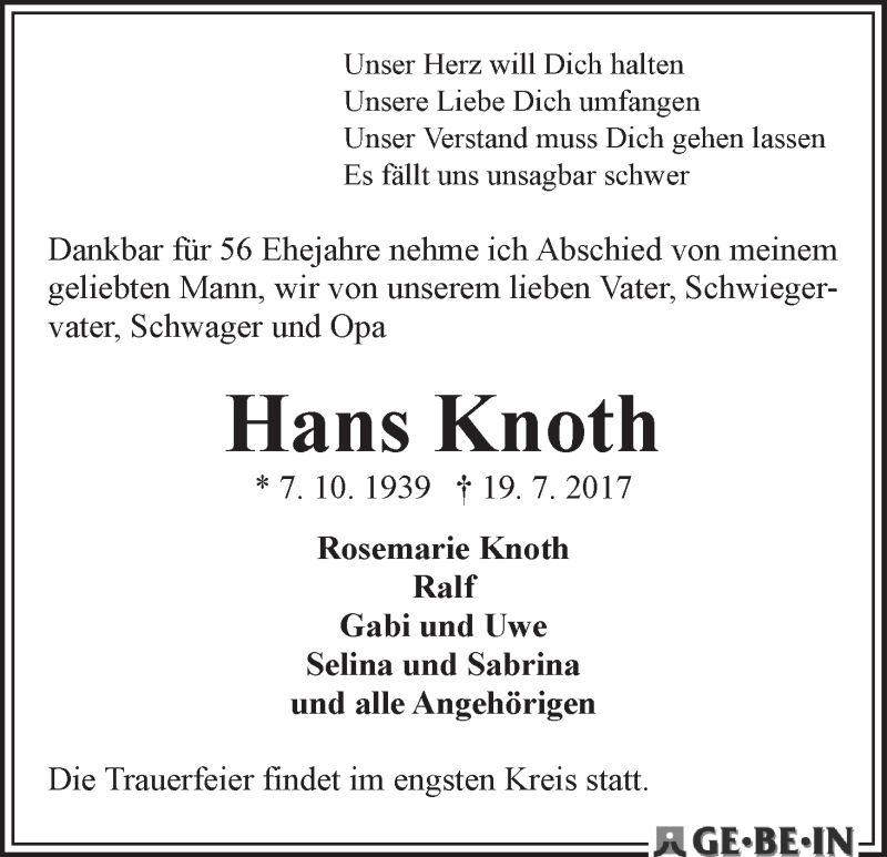 Traueranzeige von Hans Knoth von WESER-KURIER