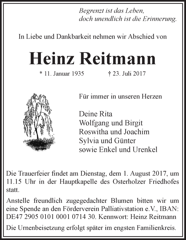 Traueranzeige von Heinz Reitmann von WESER-KURIER