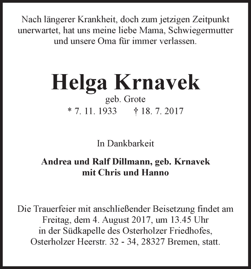Traueranzeige von Helga Krnavek von WESER-KURIER