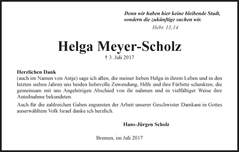 Traueranzeige von Helga Meyer-Scholz von WESER-KURIER