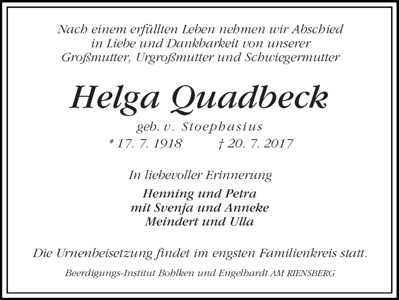 Traueranzeige von Helga Quadbeck von WESER-KURIER