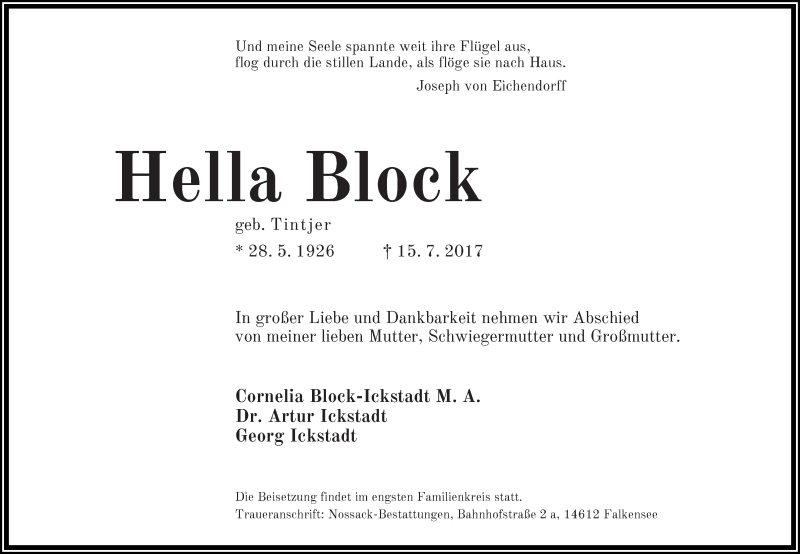 Traueranzeige von Hella Block von WESER-KURIER