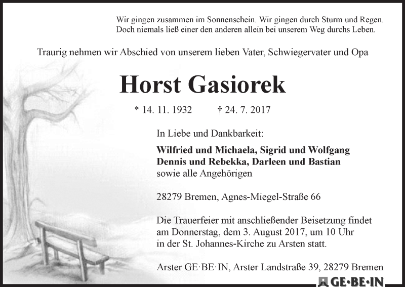 Traueranzeige von Horst Gasiorek von WESER-KURIER