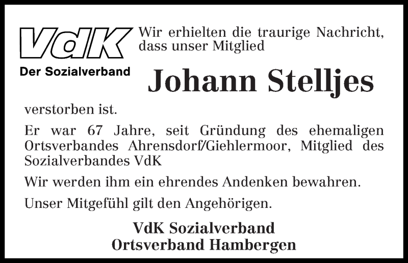 Traueranzeige von Johann Stelljes von Osterholzer Kreisblatt