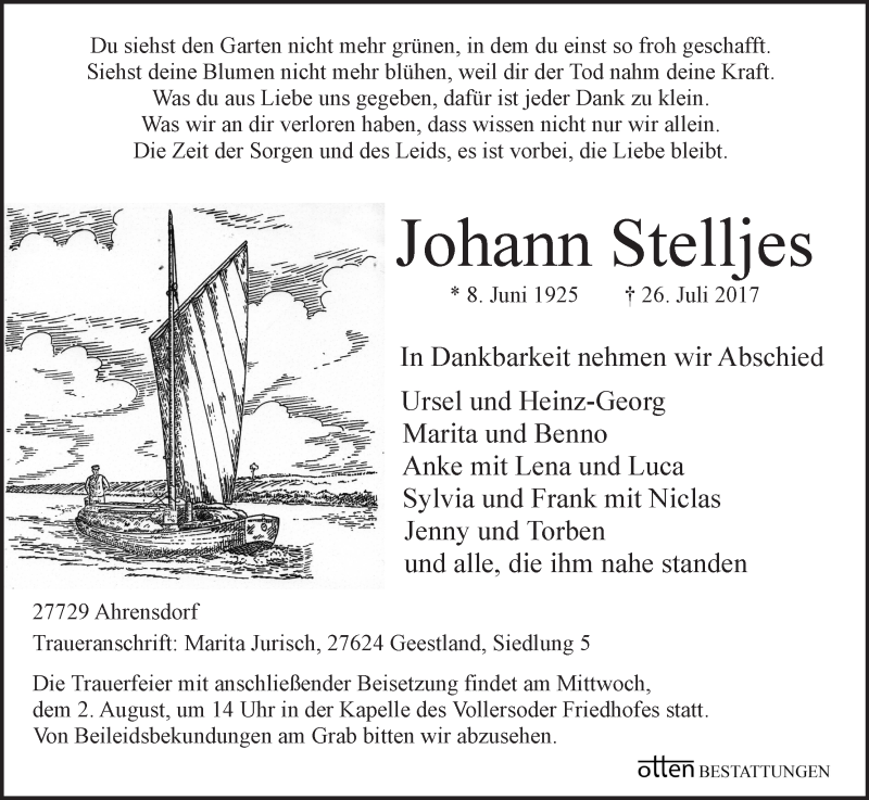 Traueranzeige von Johann Stelljes von Osterholzer Kreisblatt