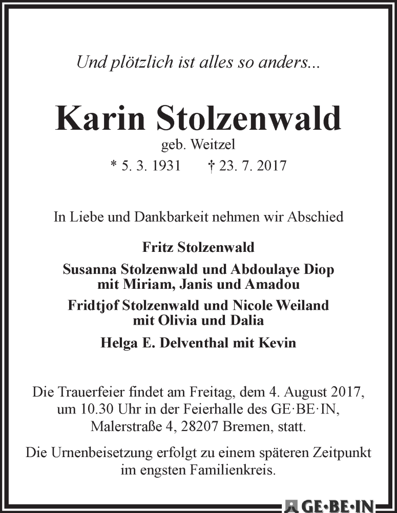 Traueranzeige von Karin Stolzenwald von WESER-KURIER
