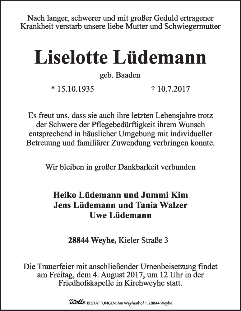 Traueranzeige von Lieselotte Lüdemann von Regionale Rundschau/Syker Kurier