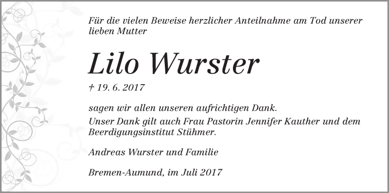 Traueranzeige von Lilo Wurster von Die Norddeutsche