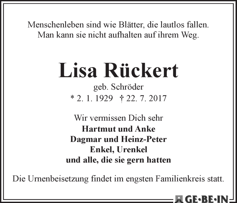 Traueranzeige von Lisa Rückert von WESER-KURIER