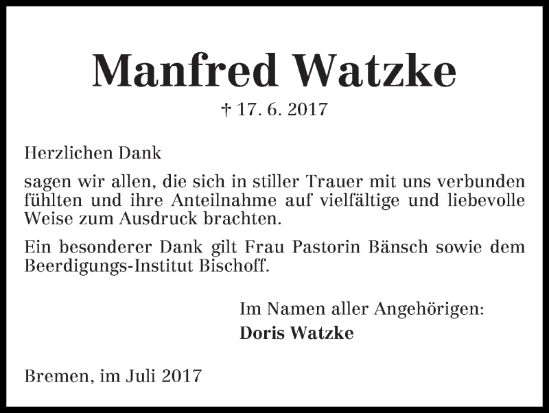 Traueranzeige von Manfred Watzke von Die Norddeutsche