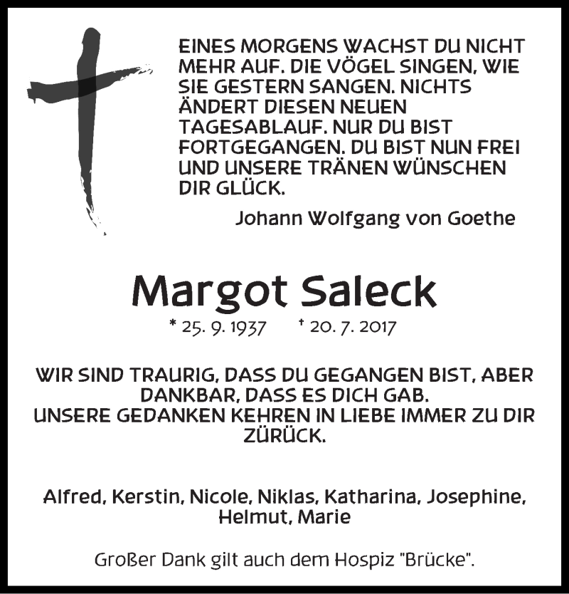 Traueranzeige von Margot Saleck von WESER-KURIER