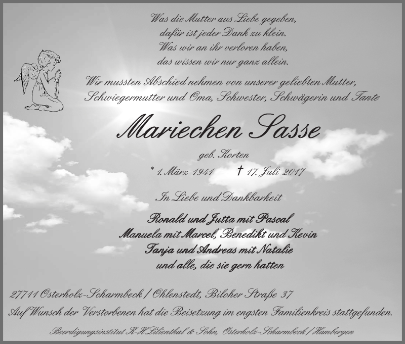 Traueranzeige von Mariechen Sasse von Osterholzer Kreisblatt