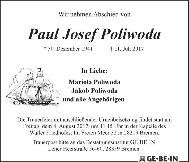 Traueranzeige von Paul Josef Poliwoda von WESER-KURIER