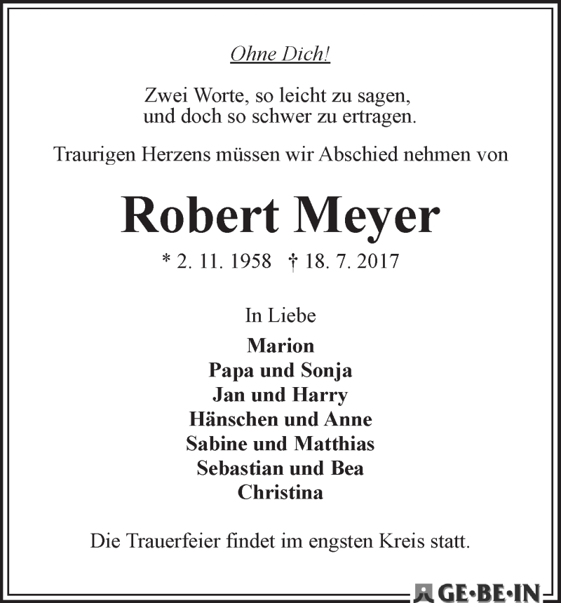 Traueranzeige von Robert Meyer von WESER-KURIER