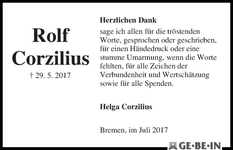Traueranzeige von Rolf Corzilius von WESER-KURIER