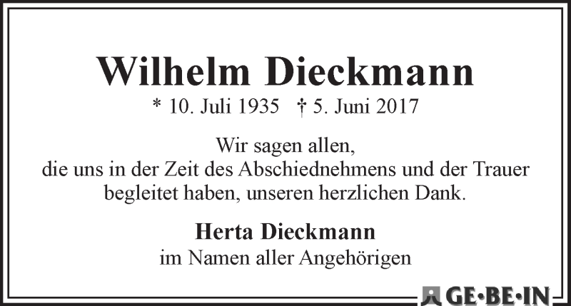 Traueranzeige von Wilhelm Dieckmann von WESER-KURIER