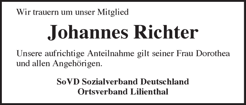 Traueranzeige von Johannes  Richter von Wuemme Zeitung
