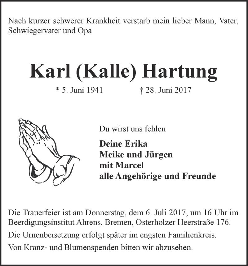 Traueranzeige von Karl (Kalle) Hartung von WESER-KURIER