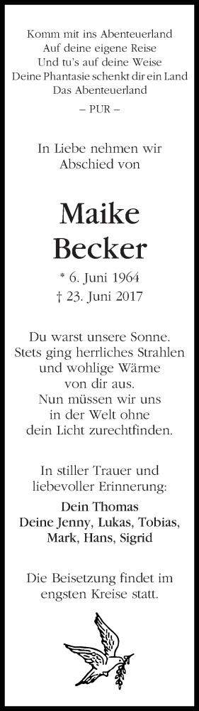 Traueranzeige von Maike Becker von Die Norddeutsche