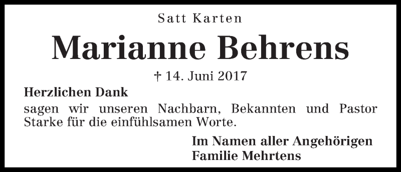 Traueranzeige von Marianne Behrens von Osterholzer Kreisblatt