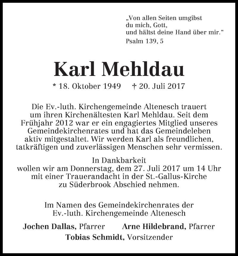 Traueranzeige von Karl Mehldau von Die Norddeutsche