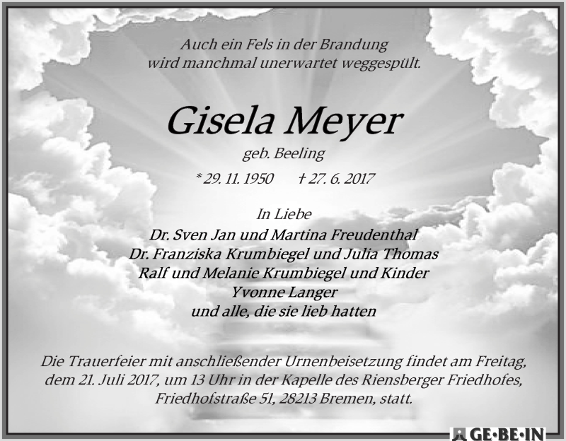 Traueranzeige von Gisela Meyer von WESER-KURIER