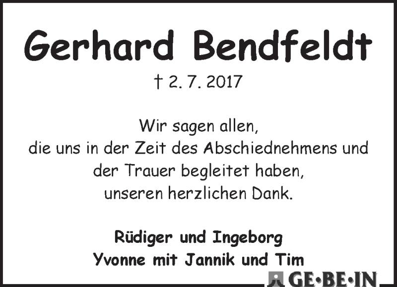 Traueranzeige von Gerhard Bendfeldt von WESER-KURIER