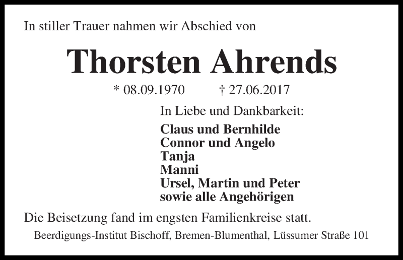 Traueranzeige von Thorsten Ahrends von Die Norddeutsche