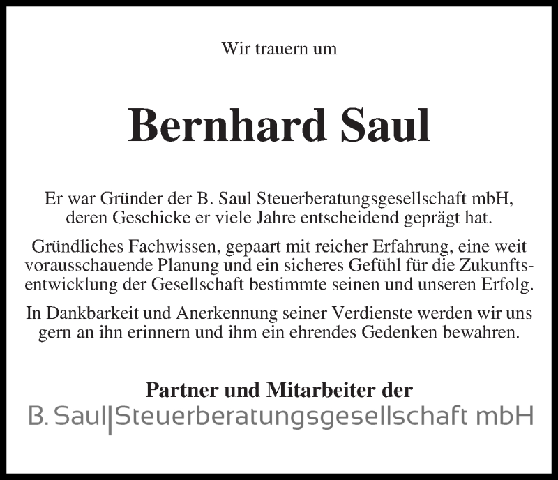 Traueranzeige von Bernhard Saul von WESER-KURIER