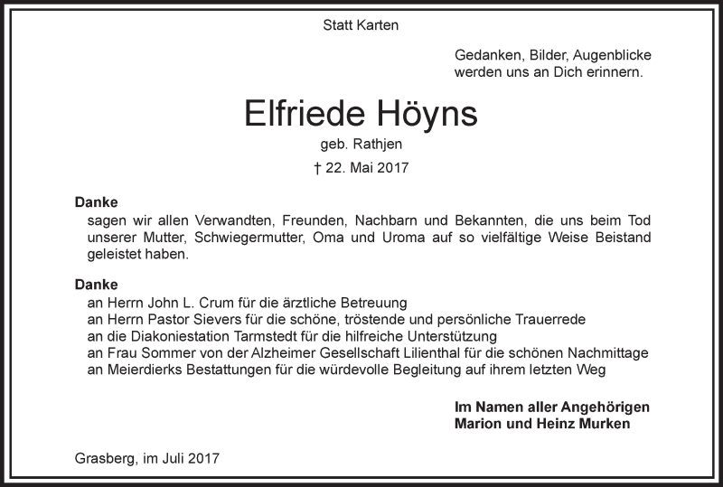 Traueranzeige von Elfriede Höyns von Wuemme Zeitung
