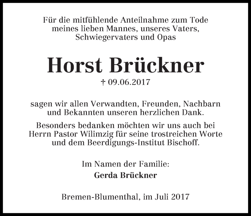 Traueranzeige von Horst Brückner von Die Norddeutsche
