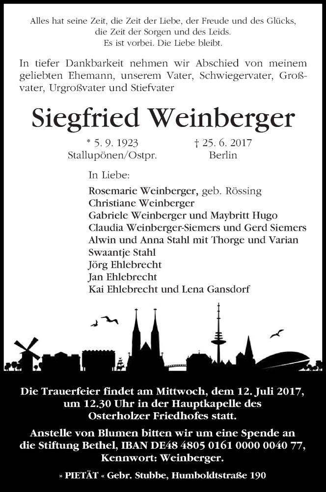 Traueranzeige von Siegfried Weinberger von WESER-KURIER