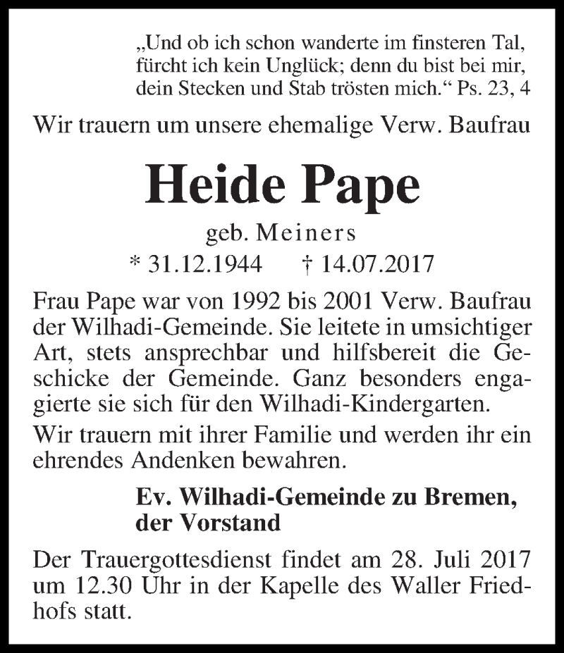 Traueranzeige von Heide Pape von WESER-KURIER