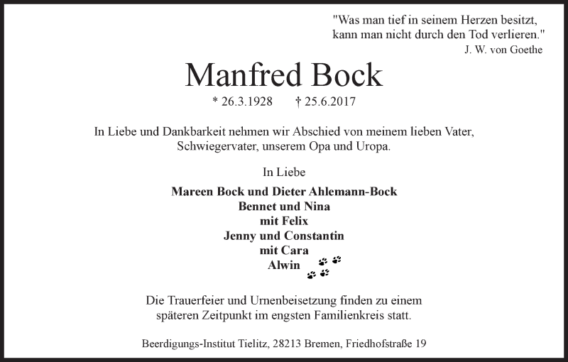 Traueranzeige von Manfred Bock von WESER-KURIER