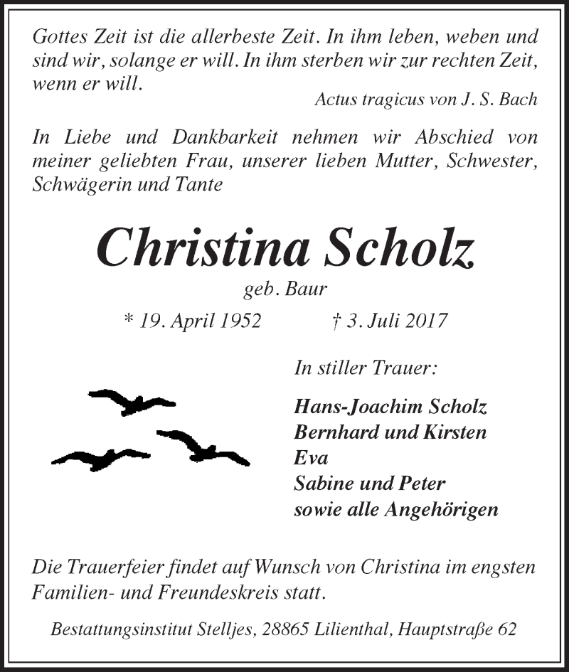Traueranzeige von Christina Scholz von Wuemme Zeitung