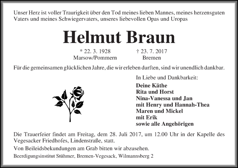 Traueranzeige von Helmut Braun von Die Norddeutsche